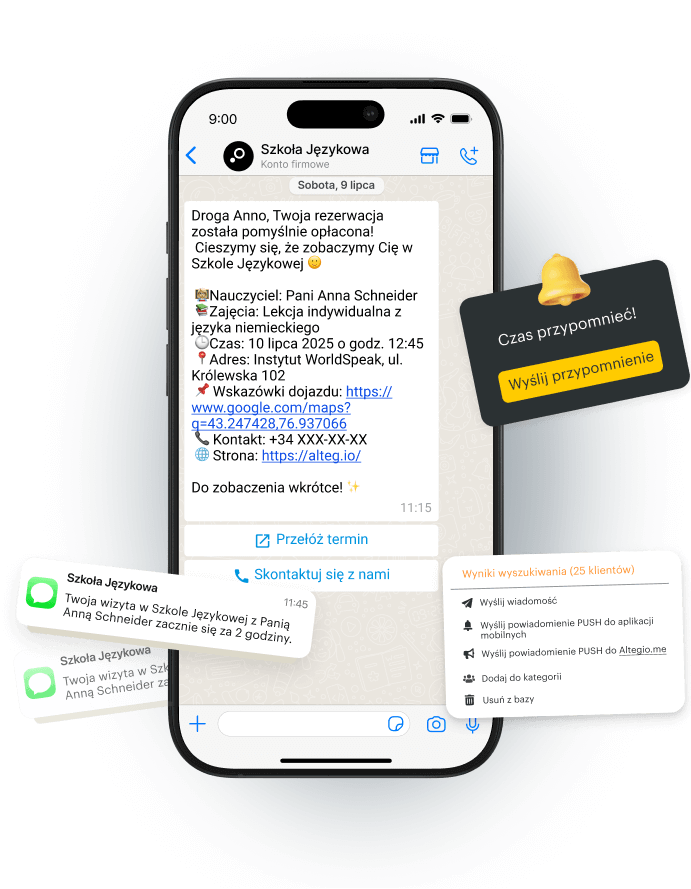 Chat interface showing appointment details for a language class with reminders.